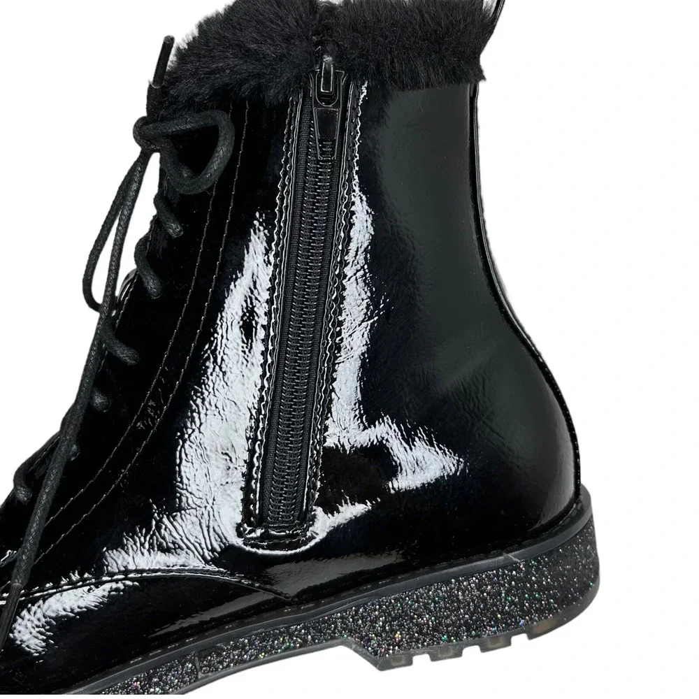 Mia Youth Girls Fashion‎ Boot Size 2Y Black Glitter Accent Faux Fur Trim Lace up